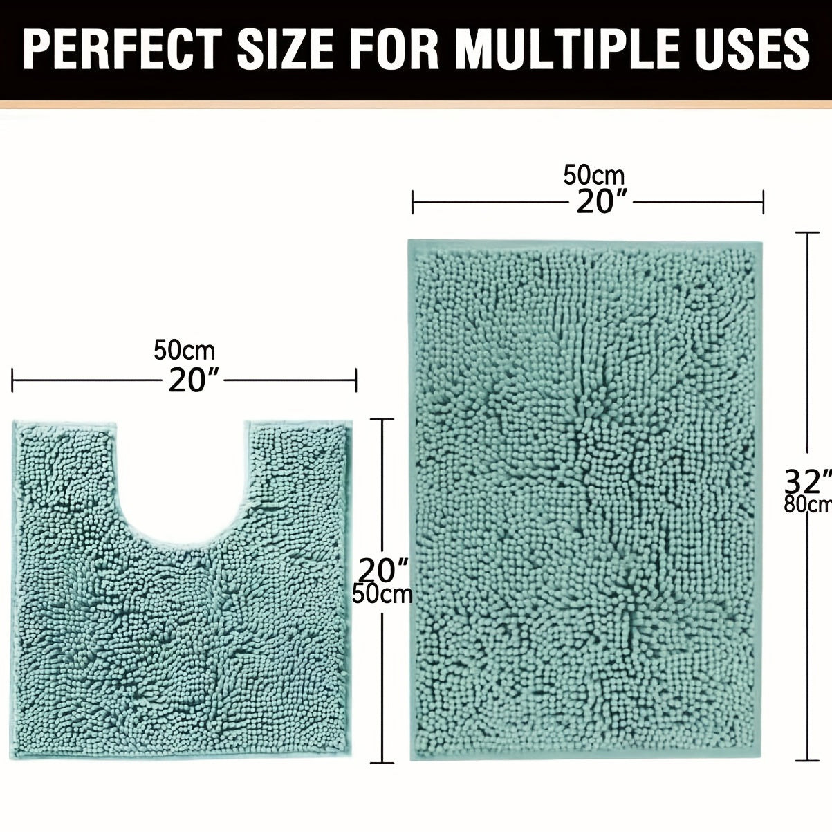 Set of 2 Chenille Bathroom Mats: U-shaped and rectangle, shaggy plush design for water absorption and anti-slip protection.