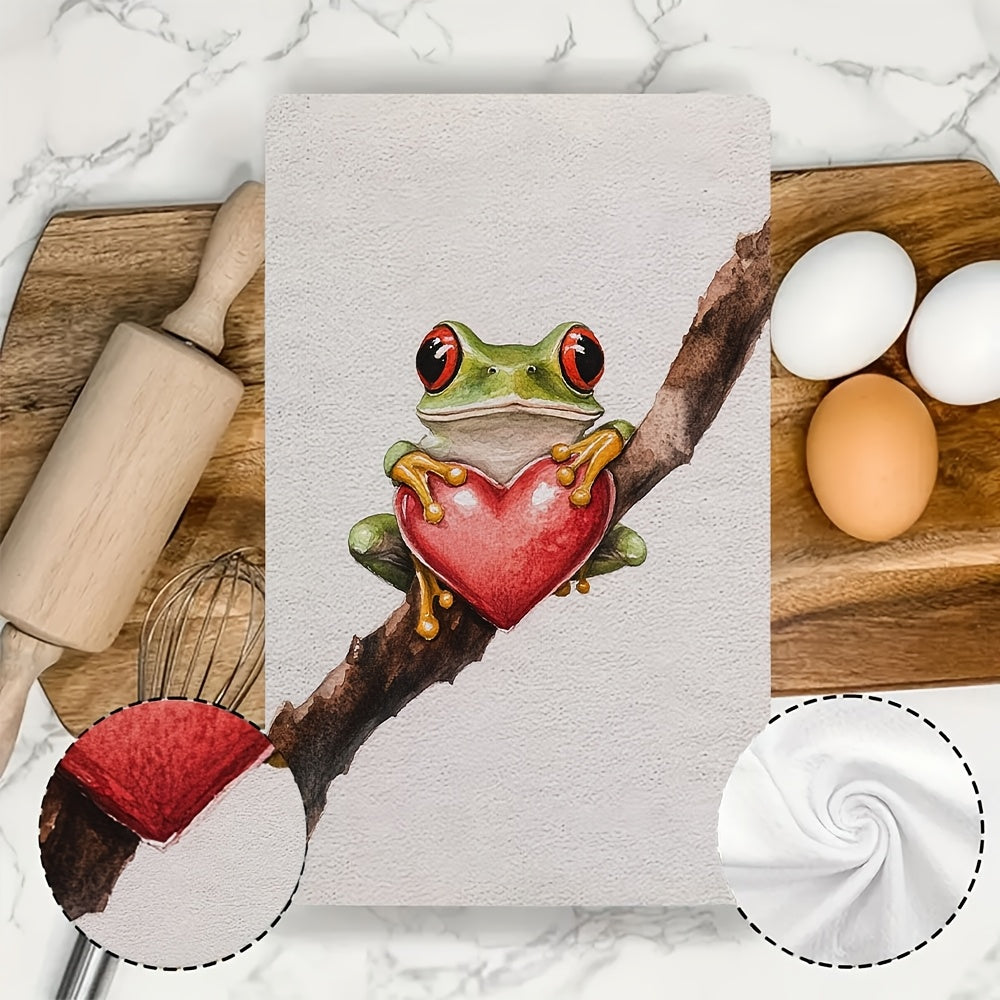 Valentine's Frog Design Kitchen Towels - Set of 2 Ultra Soft and Highly Absorbent Dish Hand Towels, Machine Washable, 40.64x60.96 cm - Ideal for Holiday Decor