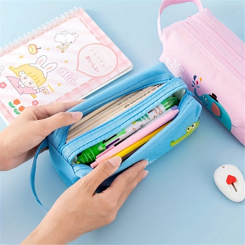 Space astronaut pencil case with cartoon animal design, double-layer canvas storage bag for school supplies.