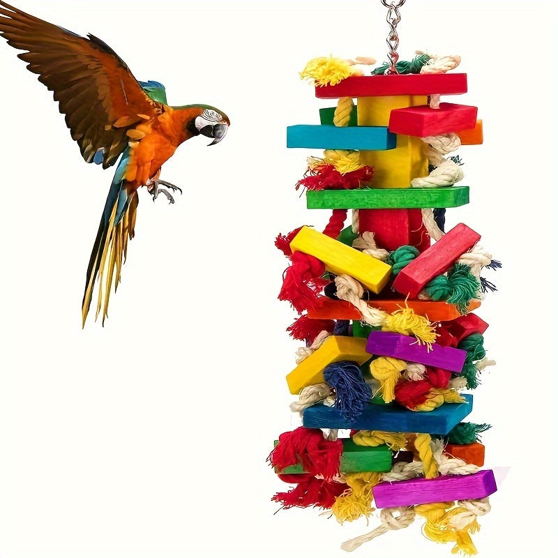 Colorful wooden swing toy with bell for small birds such as budgies, conures, lovebirds, and finches.