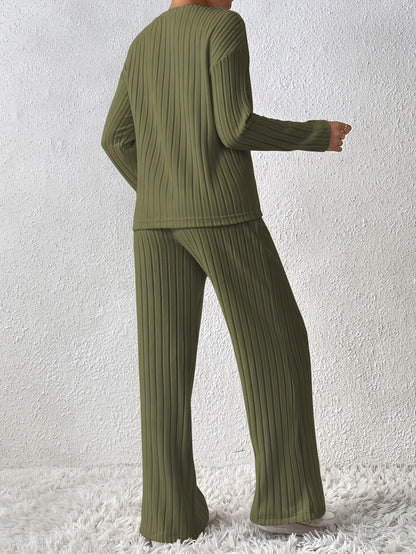 Women's Ribbed Lounge Set, Drop Shoulder V Neck Top & Pants, Relaxed Fit for Fall & Winter