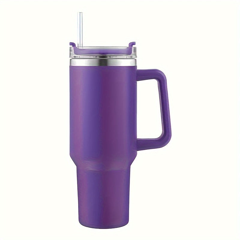 XIAYUTIAN's 40oz stainless steel tumbler is insulated and comes with a handle and straw lid. It is great for both hot and cold drinks and is leak-proof, making it perfect for travel and outdoor activities. It is also a great gift option.