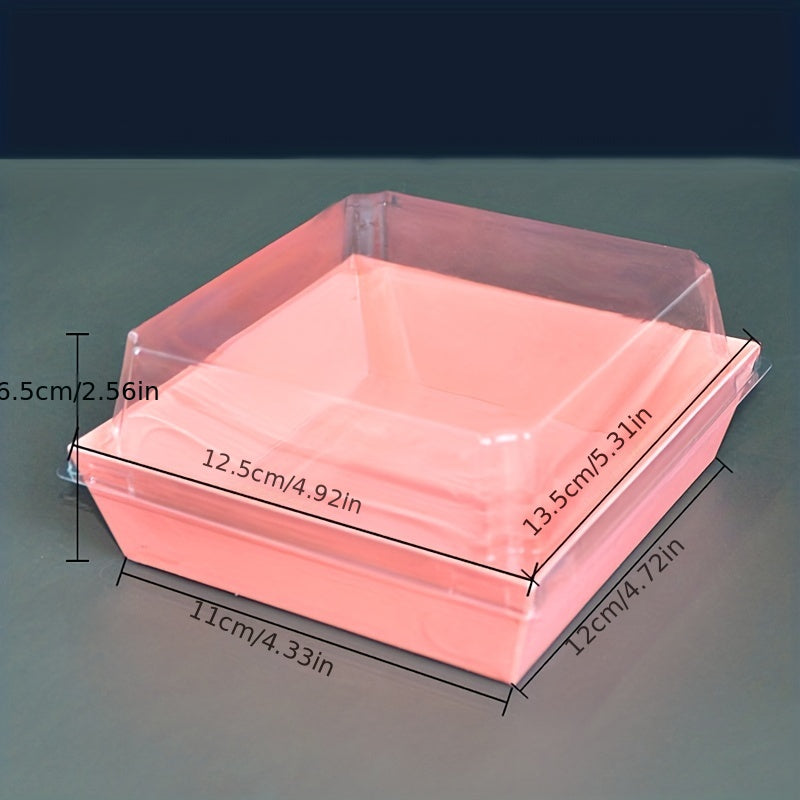 50 pieces of paper charcuterie boxes with clear secure lids, square dessert containers in pink bakery boxes ideal for storing strawberries, cookies, cake slices, brownies, and cinnamon rolls. These kitchen accessories are perfect for baking supplies