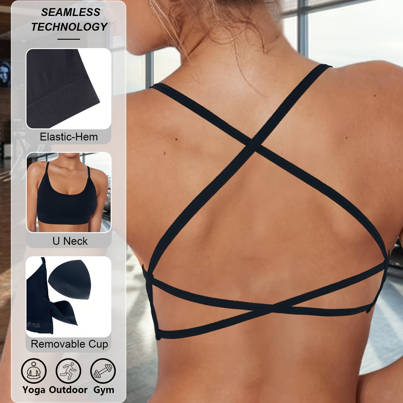 High-elastic sports bra with seamless design and high-intensity shock resistance, featuring breathable cross shoulder straps for yoga and fitness.