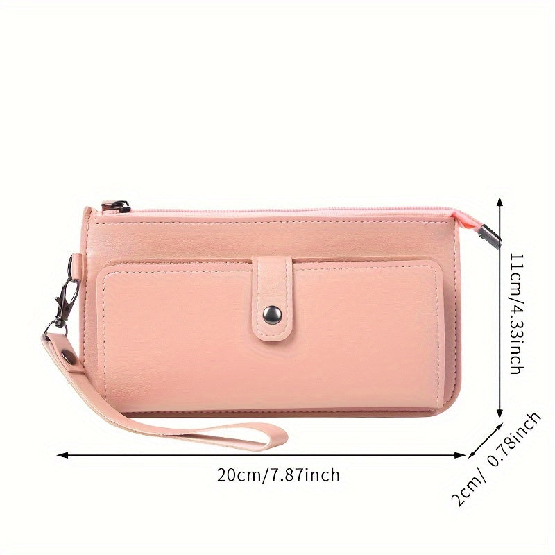 Casual women's wallet with large capacity, zippered coin purse, card slots, and wristlet clutch in faux leather.