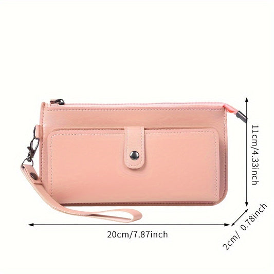 Casual women's wallet with large capacity, zippered coin purse, card slots, and wristlet clutch in faux leather.