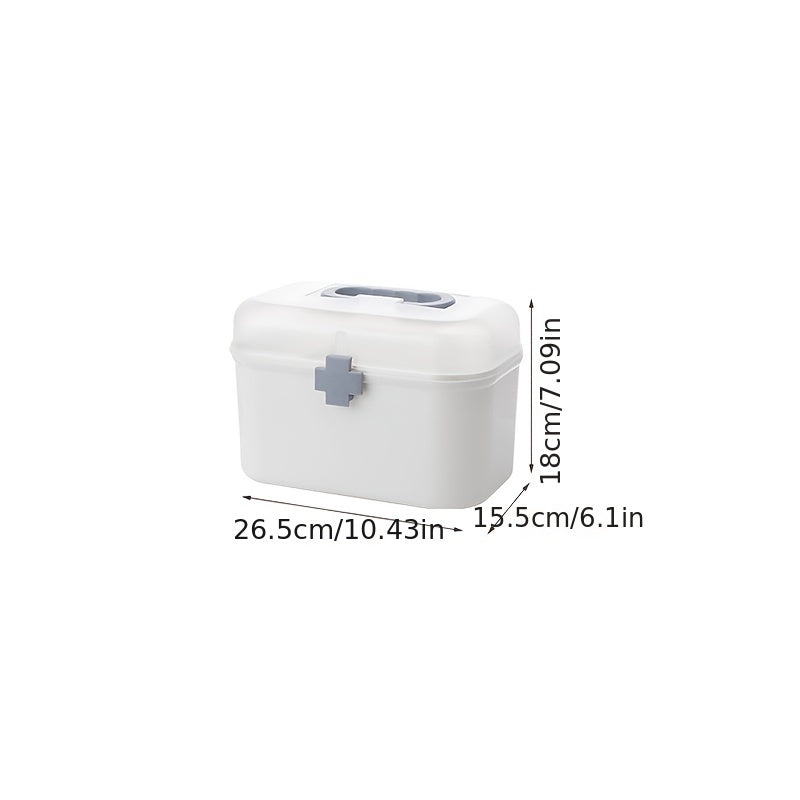 Household dustproof medicine box with large capacity for emergency care. This portable multi-layer plastic box provides storage bins for home organization.