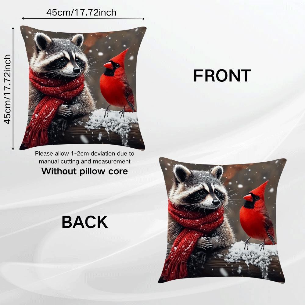 Decorate your space with this charming Raccoon & Cardinal decorative throw cushion cover! Featuring a traditional cartoon style, this polyester cover is machine washable and has an invisible zipper for easy removal. Please note that the insert is not