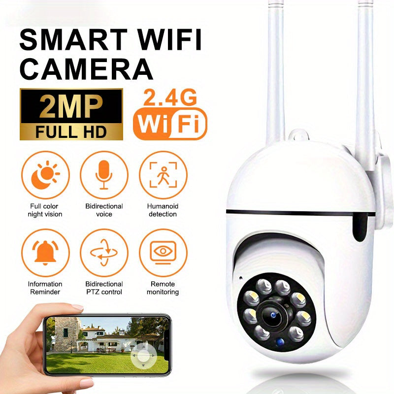 High definition 1080P wireless security camera featuring Wi-Fi connectivity, pan/tilt/zoom capabilities, night vision, and two-way audio. Equipped with smart motion tracking for monitoring pets and indoor use.