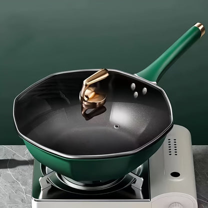 A Nonstick, Antibacterial Cast Iron Wok with Lid for Induction and Gas Stoves - Smokeless Frying Pan with High Durability and Aesthetic Appeal.