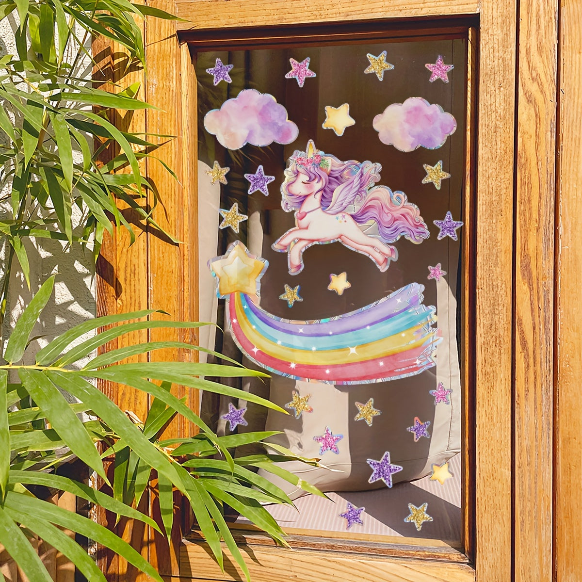 Reusable Rainbow Unicorn & Star Window Clings - Matte Finish PVC Static Decals for Glass Surfaces