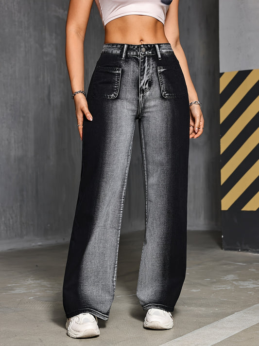 Autumn-ready Vintage-Inspired High-Waisted Two-Tone Wide-Leg Jeans for Women.