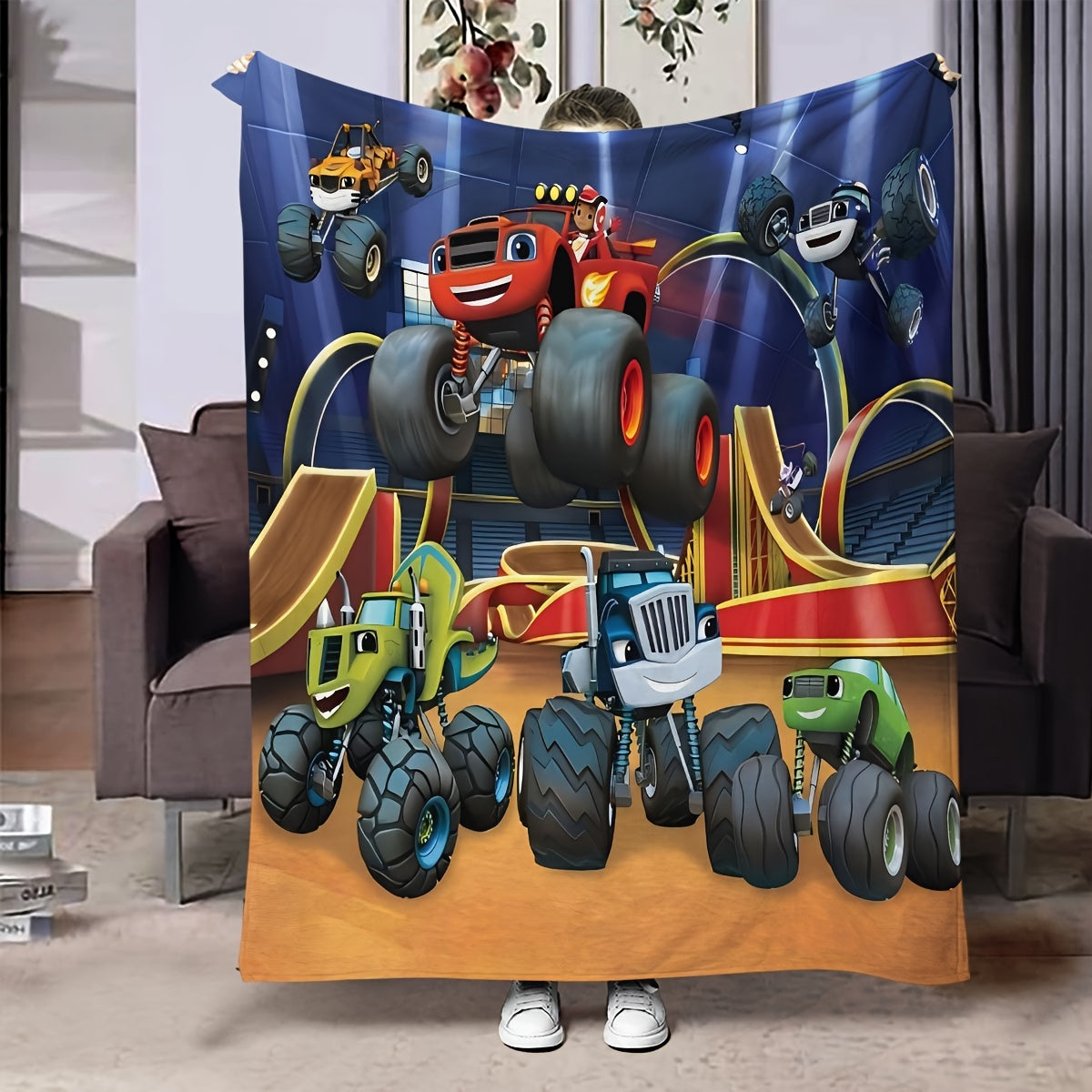 Monster Truck Flannel Fleece Throw Blanket - Featuring Cartoon Design, Suitable for All Seasons, Hypoallergenic, Easy to Clean, Polyester Material, Modern Style, Versatile Bedding for Bedroom, Living Room, or Couch