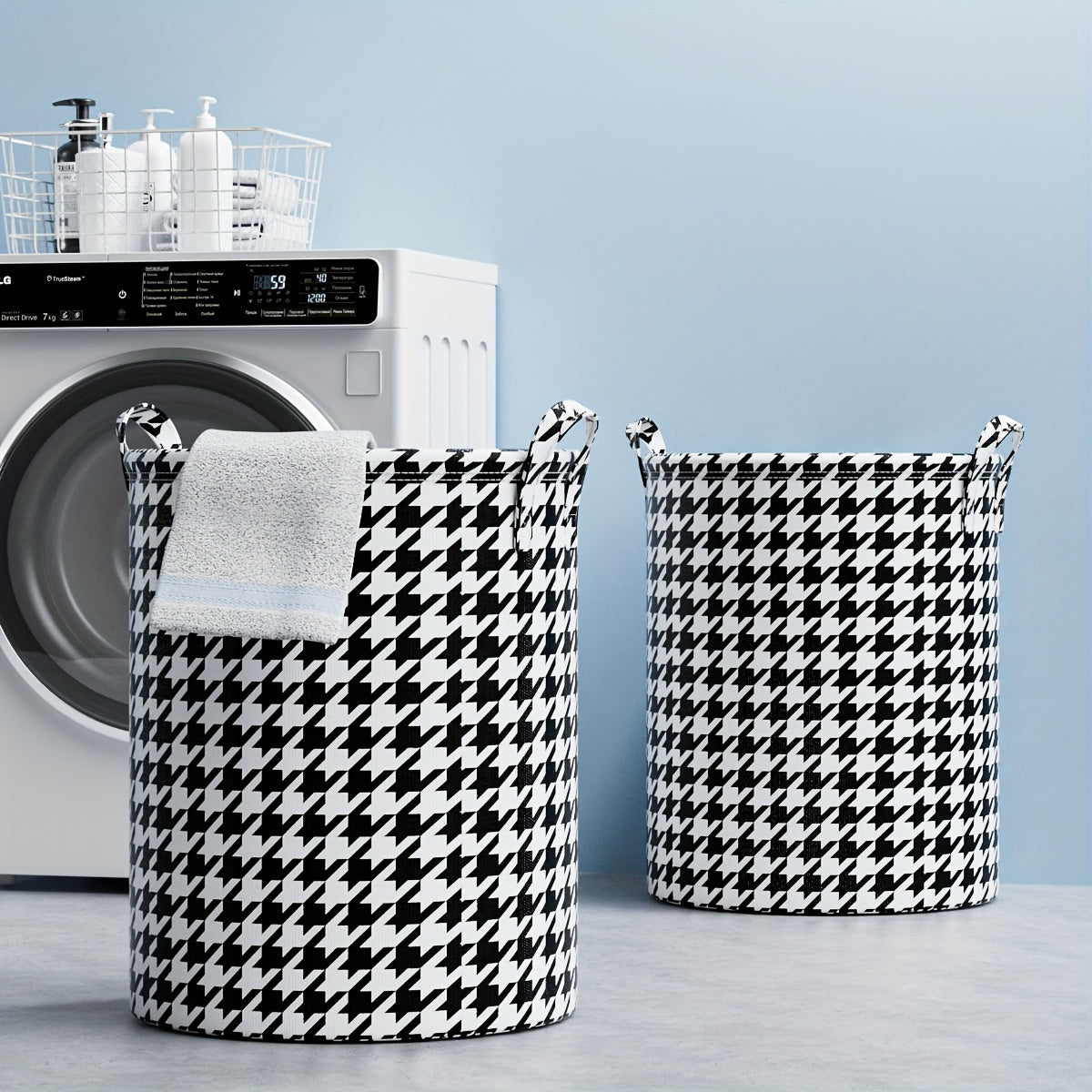 Round Houndstooth Fabric Laundry Basket featuring Leather Handles, Perfect for Storing Clothes & Toys. Can be Folded for Easy Storage. Versatile and Minimalist Design ideal for Home, Kitchen, or Bedroom.