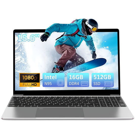 Auusda 15.6-inch laptop with Intel N95 processor, 16GB DDR4 RAM, 512GB SSD, fingerprint boot, FHD IPS LCD, HD webcam, mini HDTV, and USB-A x2.