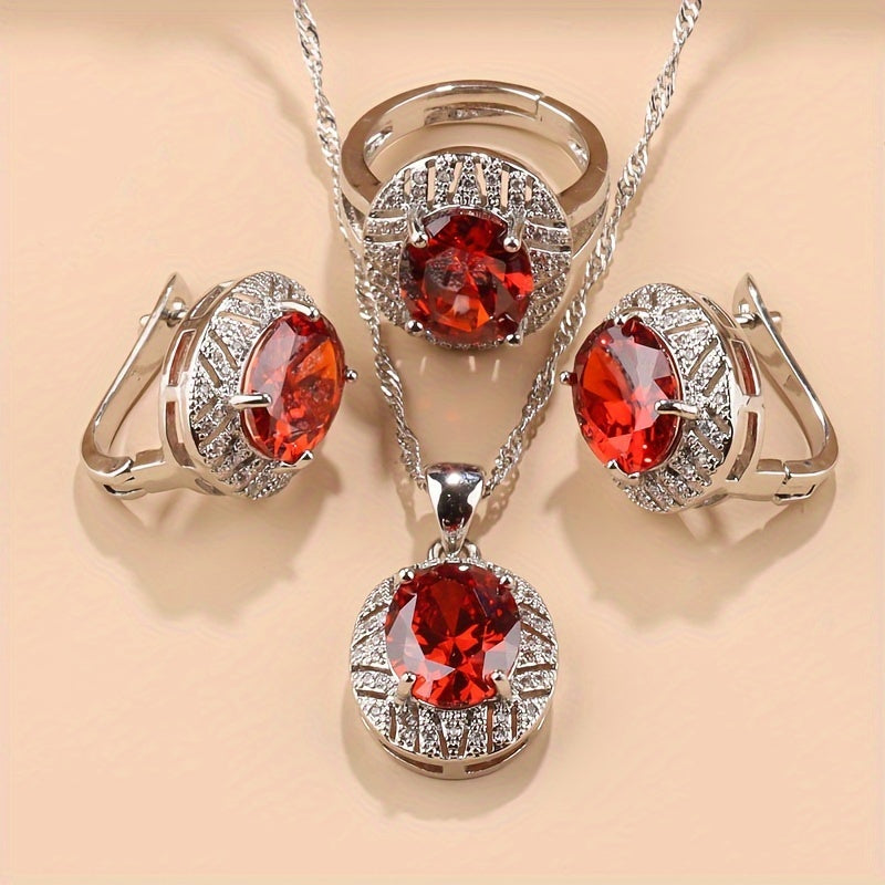 Stylish Silver-Plated Bridal Jewelry Set with Synthetic Cubic Zirconia - Minimalist Copper Necklace, Earrings, and Rings Perfect for Weddings, Everyday Wear, or as a Christmas Gift for Women - 4 Piece Set