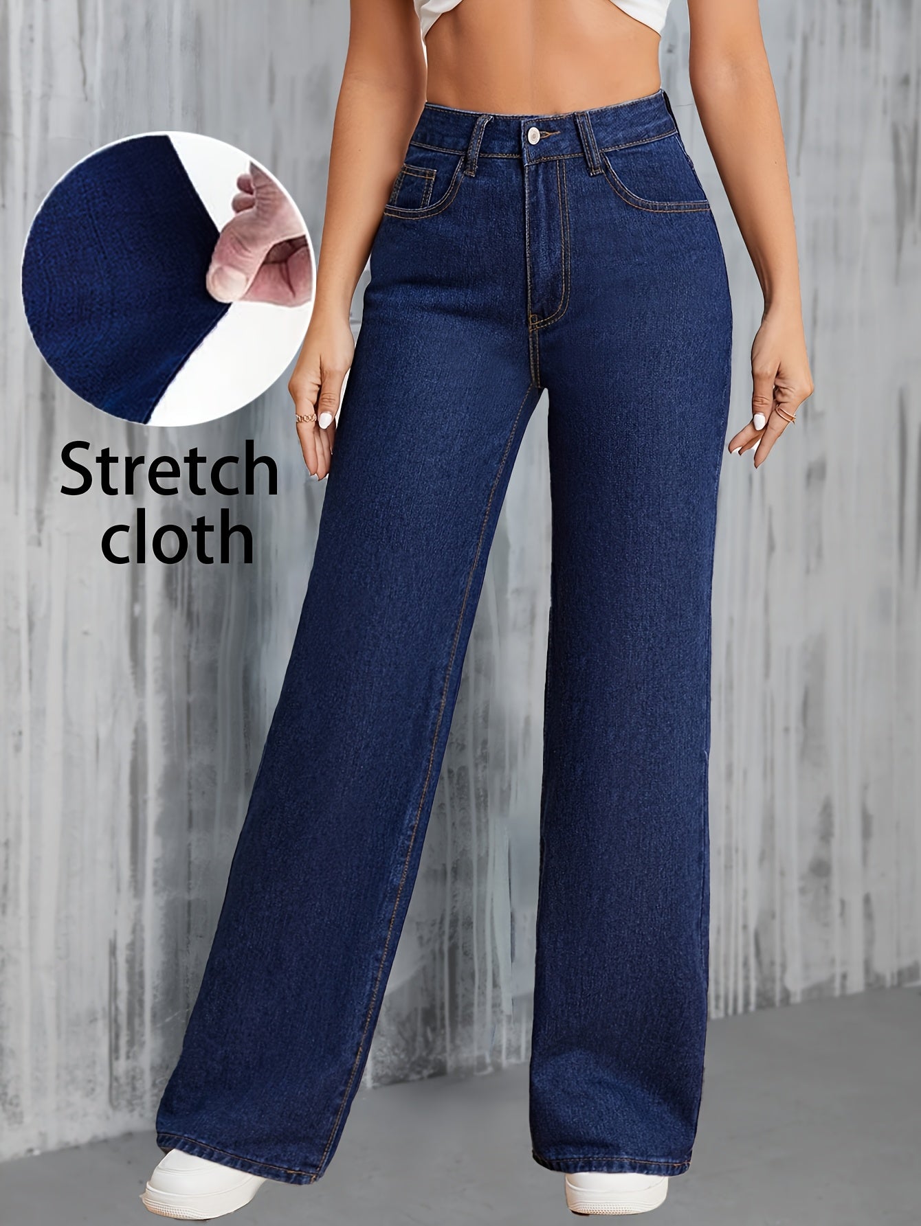 High-waisted wide leg jeans for women, preppy style, solid color denim with button fly closure and washed detail, loose fit for all-season casual wear.