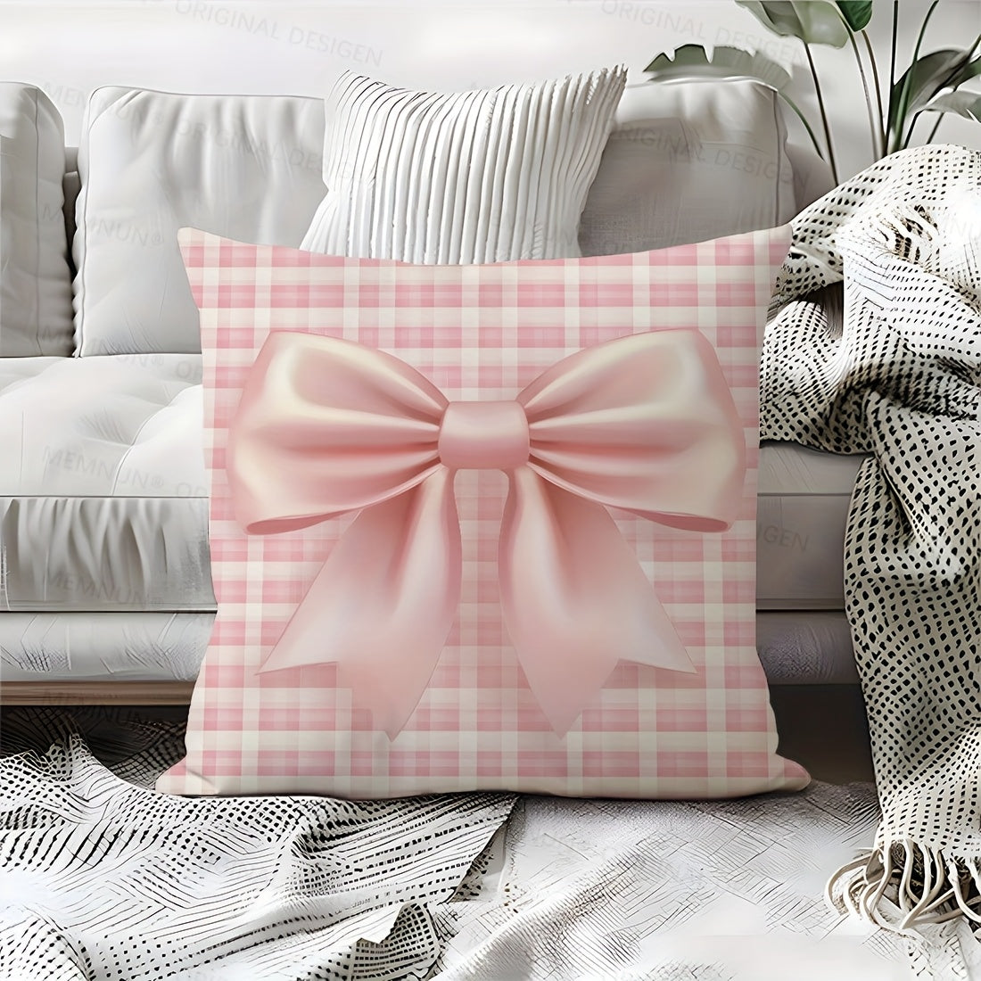 Chic pink bow print throw pillow cover, 44.96x44.96cm, contemporary style, 100% polyester with zip closure. Machine washable, perfect for living room sofa and bedroom decor. (Pillow insert not included) Great for couches.