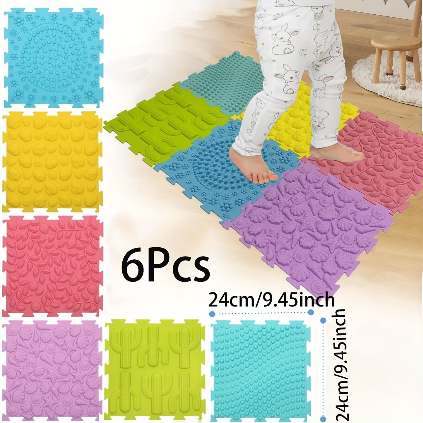 Set of 6 Interlocking Floor Mats with Foam Edgings, Soft Anti-Slip Puzzle Area Rug Playmat, Square Tiles for Room Decor