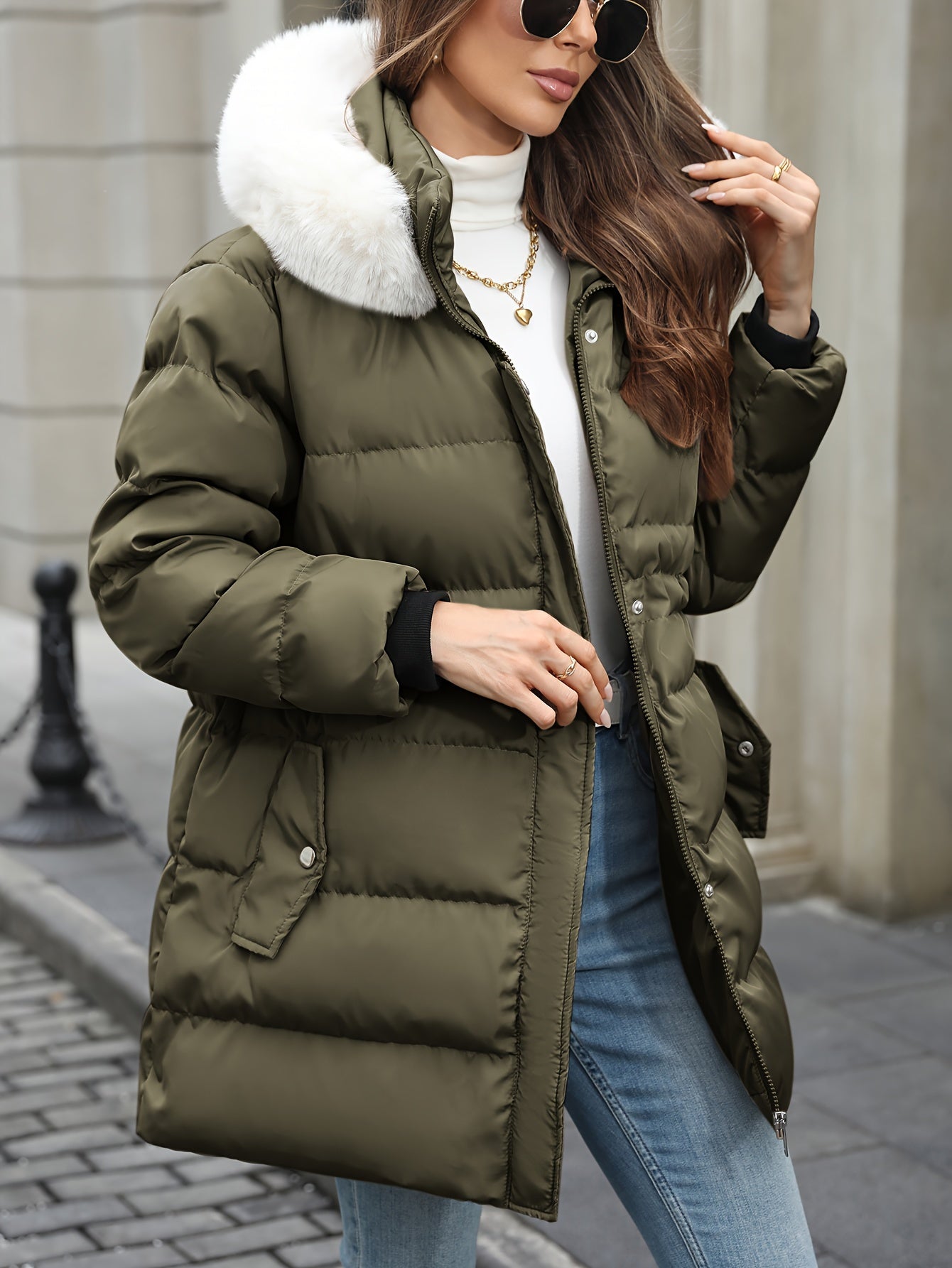 Women's casual hooded puffer jacket in solid color, with long sleeves, regular length, and non-stretch polyester. Features a zipper detail, placket closure, and H-fit for fall/winter.