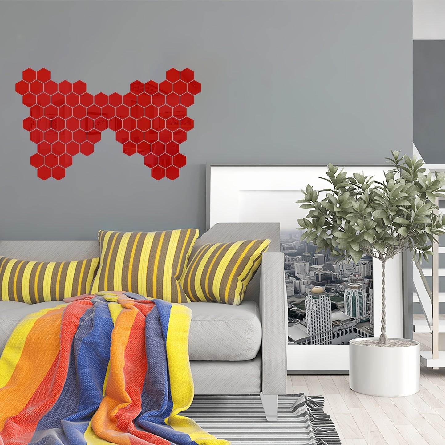 72 piece hexagon mirror wall stickers for DIY home decor, with self-adhesive acrylic tiles for a creative 3D effect.