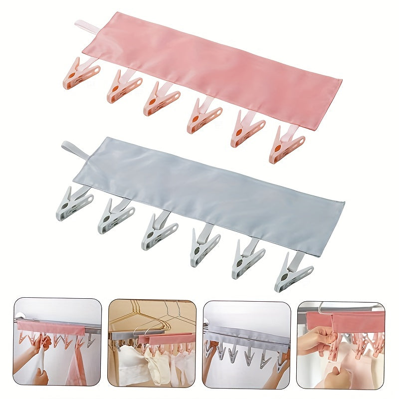 Traveling soon? Check out our 2-piece set of Portable Fabric Clothes Hangers, perfect for hanging your clothes and accessories on the go. Our multifunctional folding Clothes Clips are ideal for drying socks and underwear in hotel rooms or while