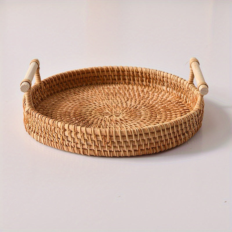 Handcrafted Rattan Serving Tray with Double Handles - Ideal for serving tea, fruit, bread, snacks, and as a storage basket or trivet mat. A versatile addition to your home kitchen essentials.