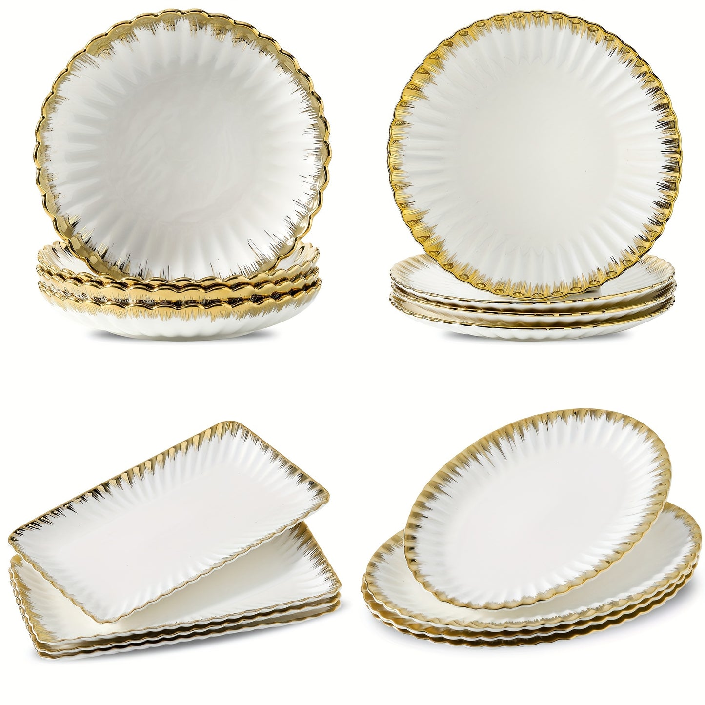 Set of 4 ceramic plates with golden rim, perfect for pasta, salads, and desserts. Dishwasher safe, ideal for home, dorms, and restaurants. Great housewarming gift.