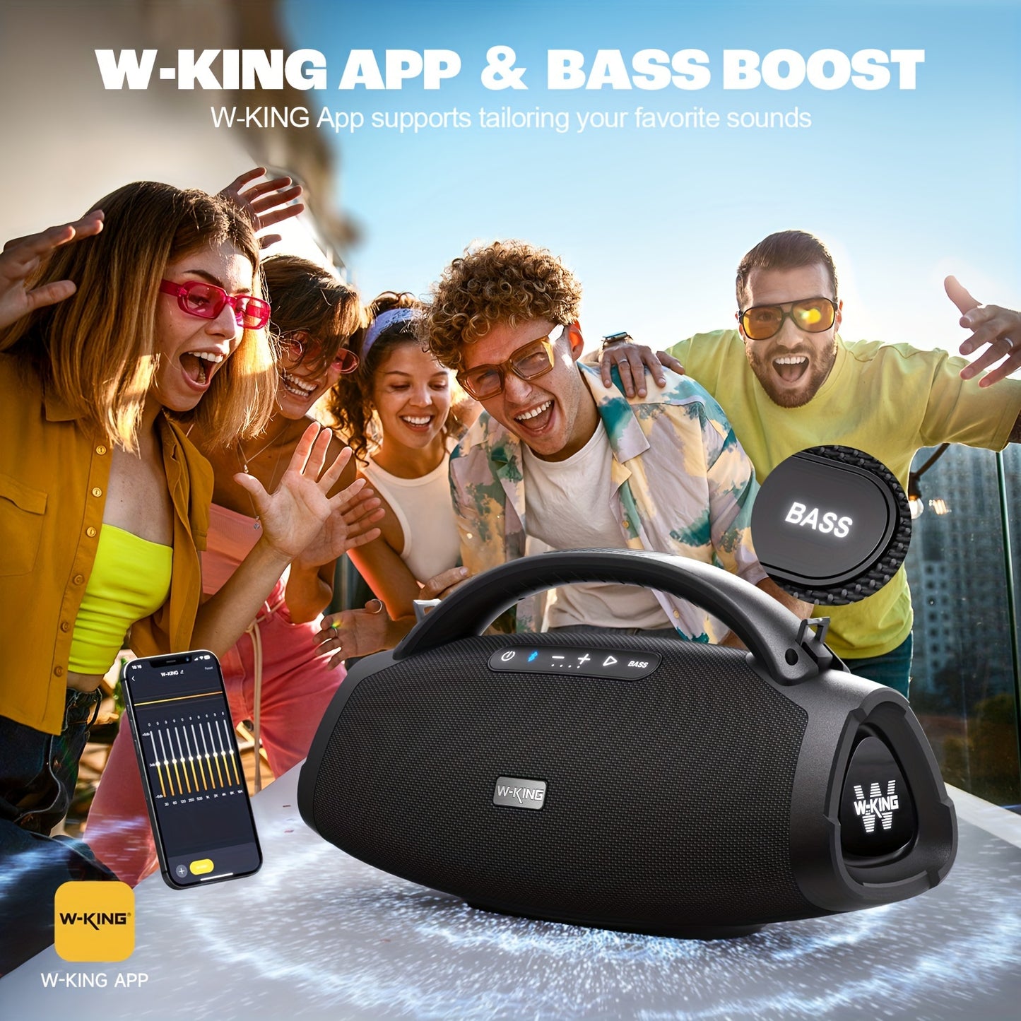 W-KING 200W RMS 250W Peak Ultimate Portable Wireless Speaker, Outdoor Speaker with APP Control, 5 Drivers in 3-Way System, Party Speaker with Bass Boost, USB, TF Card, AUX, Guitar Input for