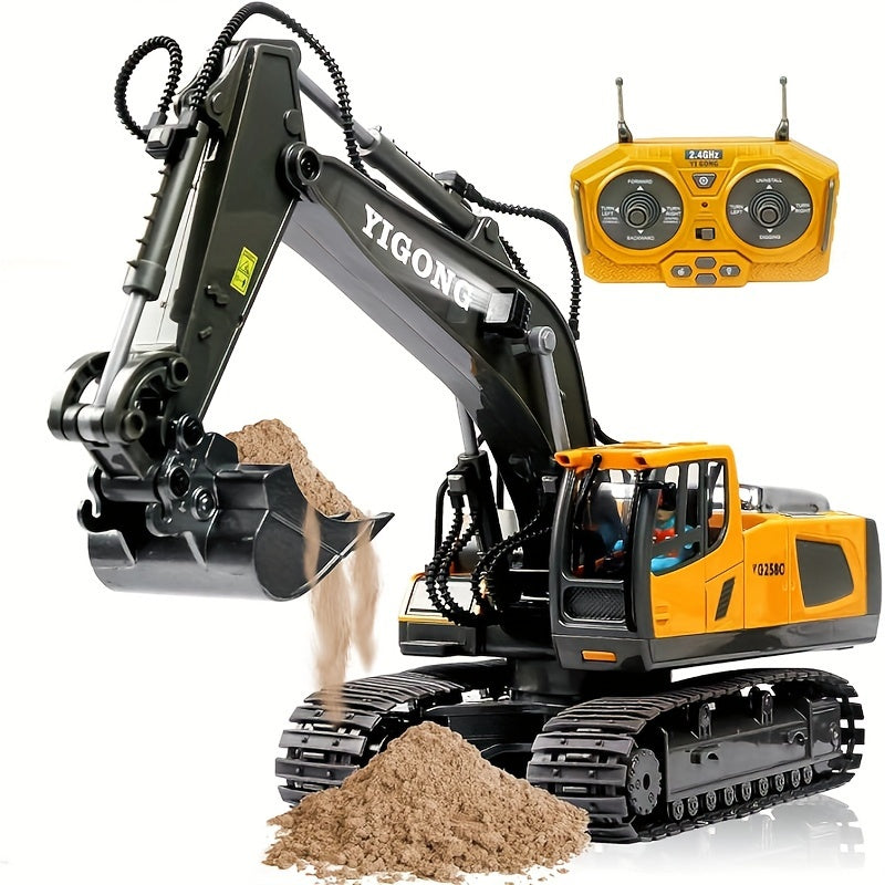 11-channel yellow remote control excavator toy for children aged 6-12. Durable metal construction with sand play capability. Includes rechargeable battery. Perfect outdoor engineering