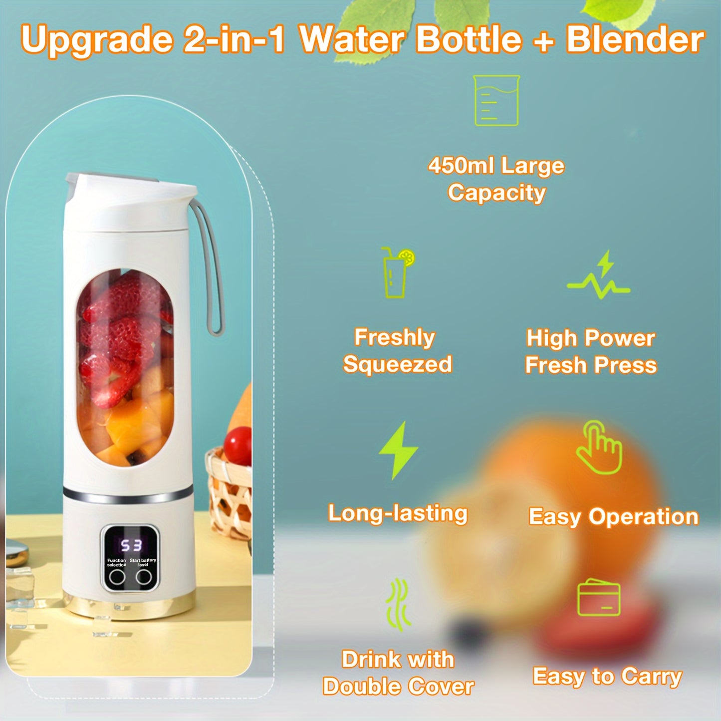 Portable Genai HS-860 citrus juicer with 450ml capacity, USB rechargeable, detachable design, non-slip base, push-button control, easy to clean, food-grade ABS cup.