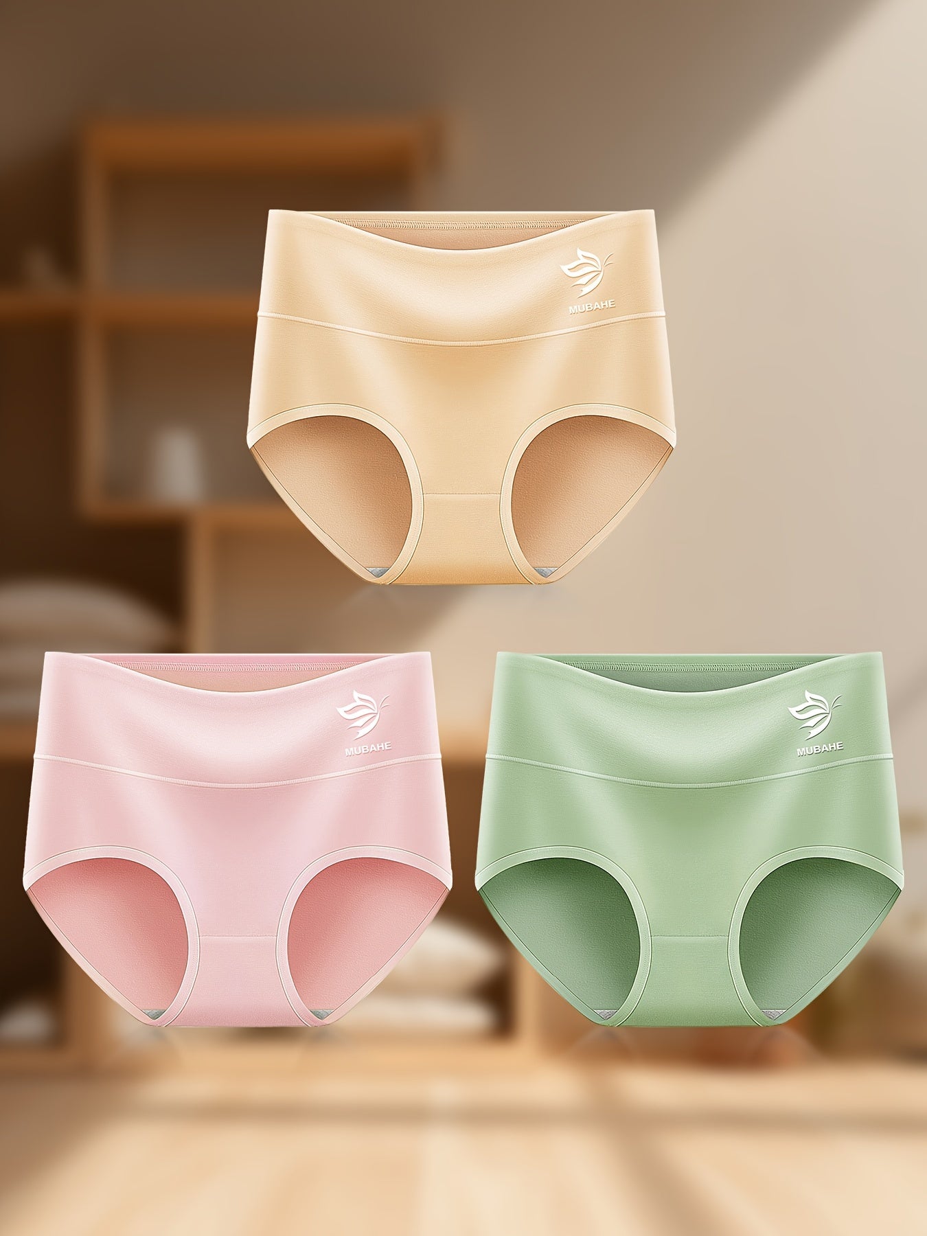 3-pack High Waist Briefs in Mint Green, Light Pink, and Beige - Comfortable, Breathable, Stretchy - Simple & Supportive Underwear