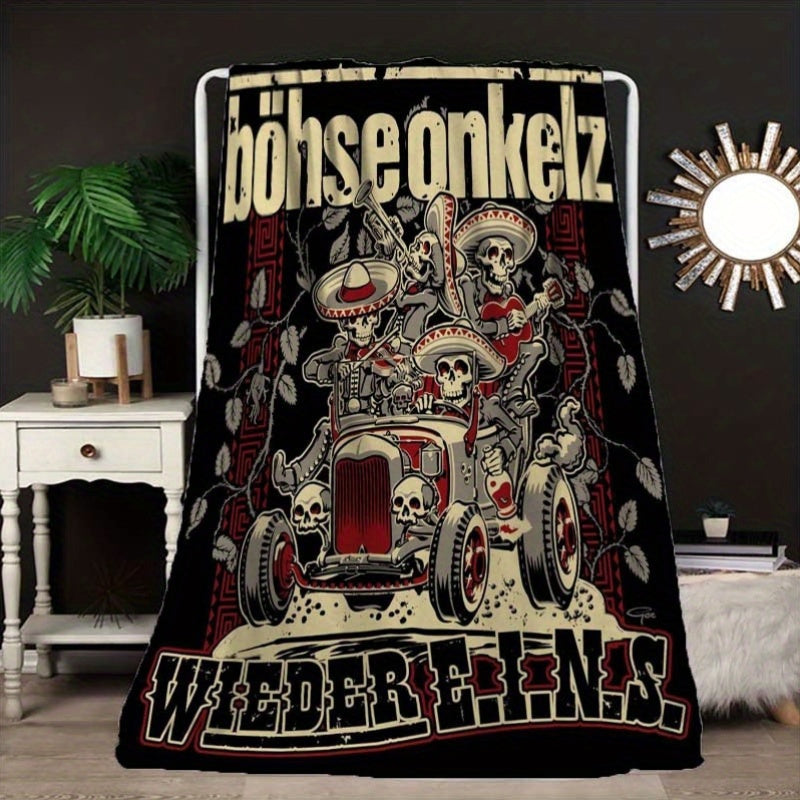 Stay cozy and stylish with the Bohse Onkelz Dia de los Muertos Skull Print Throw Blanket. This warm and comfortable blanket is perfect for all seasons and makes a great addition to your home decor. It can also be used as a multifunctional office and sofa