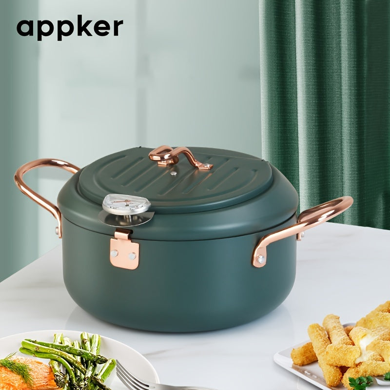 Japanese tempura fryer for easy frying, featuring a Fahrenheit thermometer and non-stick carbon steel construction. Ideal for tempura, chicken, fish, and shrimp. This large green pan is easy to clean and comes with a lid and oil drip drain rack. Perfect