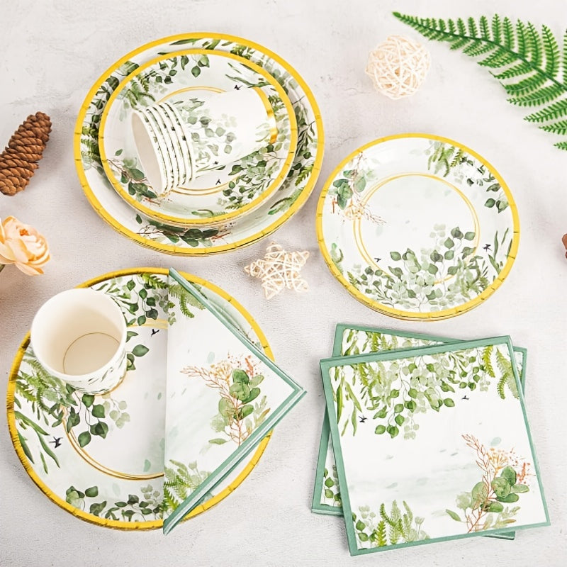 Disposable Green Leaves Themed Tableware Set - Includes 120 Pieces, Ideal for Serving 24 Guests. Perfect for Elegant Party Decor with Paper Plates, Dessert Plates, Napkins, and Paper Cups. Stylish Supplies for Birthdays, Weddings, Festivals