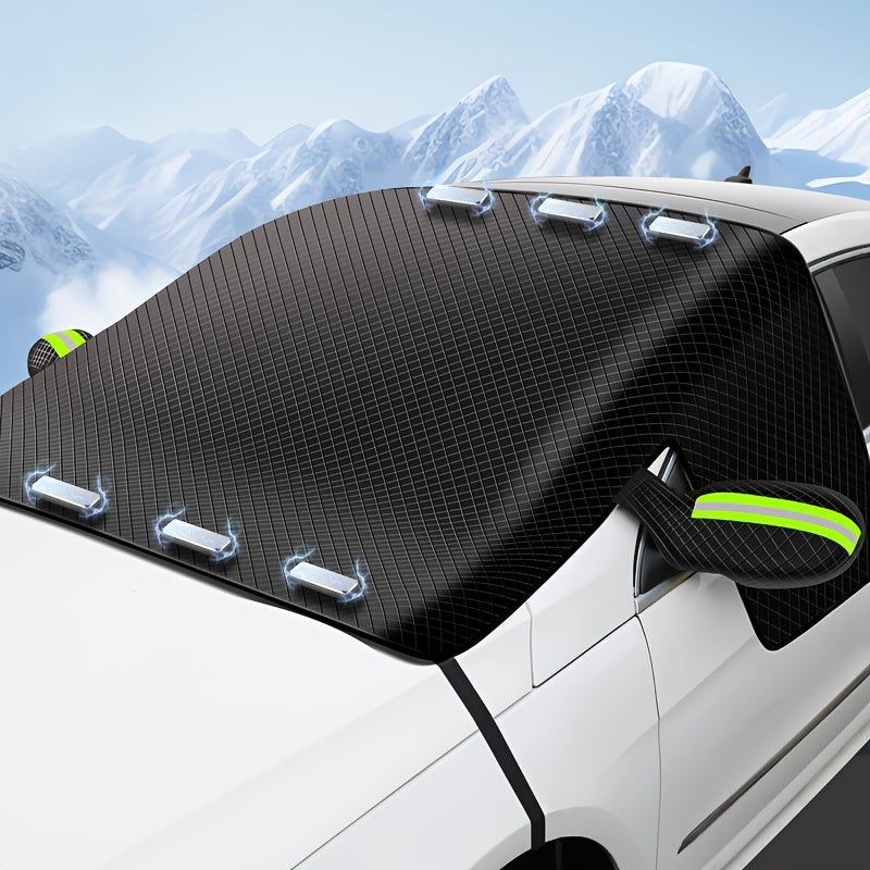 Durable polyester cover protects car windshield from snow and frost, fits most vehicles.