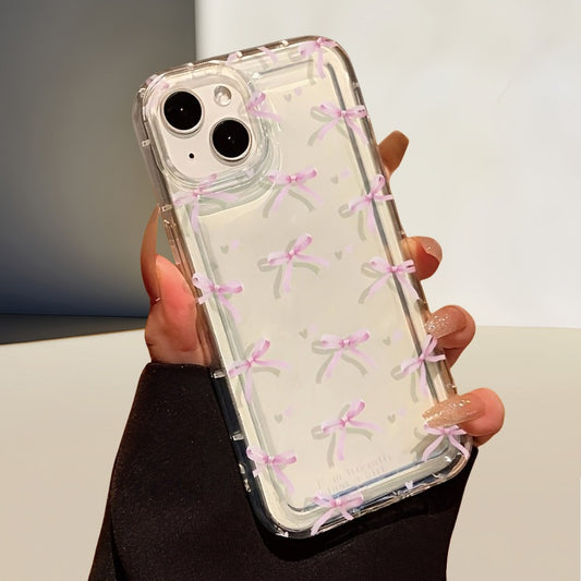 Pink Small Bow Transparent Anti-Fall Mobile Phone Case for Apple iPhones, suitable for SE to 16 Pro Max series. Perfect for gifting.