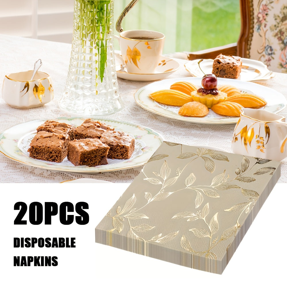 Set of 20 Golden Leaf Pattern Square Paper Placemats - Disposable Table Mats for Easter, Hanukkah, Thanksgiving, Father's & Mother's Day - 33.02x33.02 cm - Machine-Made