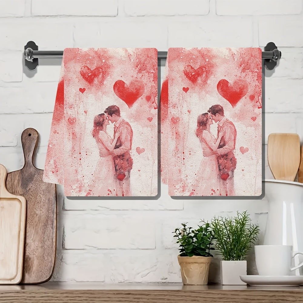 Two Romantic Valentine's Day Kitchen Towels featuring the "You Are My Valentine" Design. Made with Ultra Soft & Highly Absorbent Polyester, these Dish Hand Towels measure 40.64x60.96 cm. They are Machine Washable and come with a charming Red Hearts &