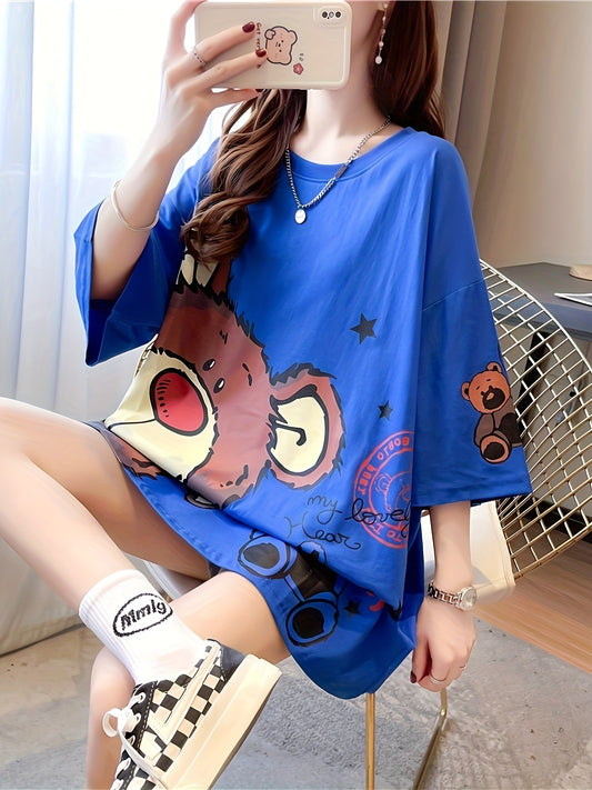 Plus size women's casual t-shirt with cute cartoon bear print in comfy polyester blend, ideal for spring and summer.