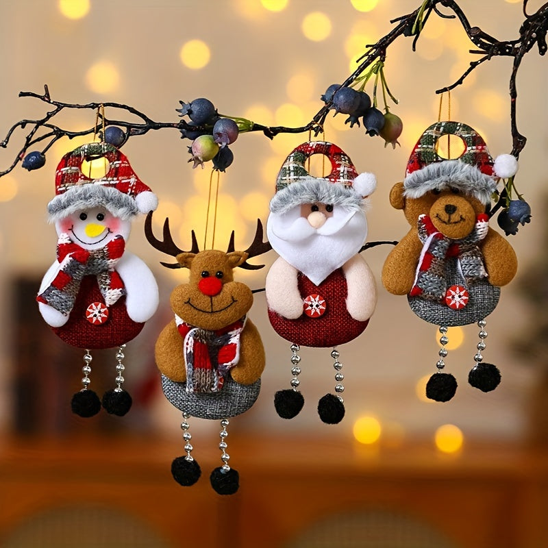 Set of 4 festive Christmas hanging pendants featuring Santa, snowman, reindeer, and bear decorations for tree and home decor. Perfect for holiday party and room decorations.