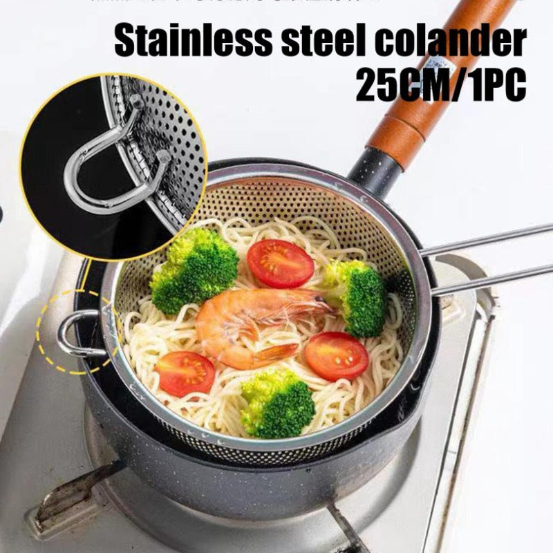 25cm Stainless Steel Colander with Handle, Multi-Purpose Kitchen Strainer featuring Resting Feet, No Electricity Required. A durable cookware accessory perfect for Straining, Rinsing, and Frying.