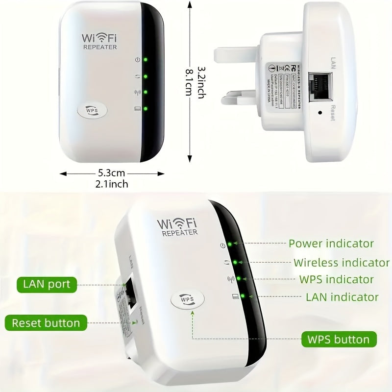 Dual-mode Wifi signal booster doubles as a router, boosting signal to 1200Mbps on 2.4 & 5Ghz bands, supporting 35 devices. Features 4 modes, one-click setup, 4 antennas for 360° coverage