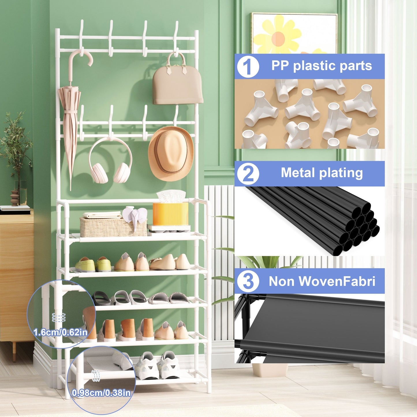 3-in-1 shoe rack with metal hooks and dust cloth, perfect for entrance, living room, or bedroom. Easy to assemble and move, provides sturdy storage.