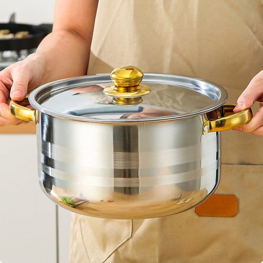 Set of 10 Stainless Steel Cookware Pieces - Sturdy, Low-Maintenance, Versatile Pans with Handles in Gold Color and Matching Lids