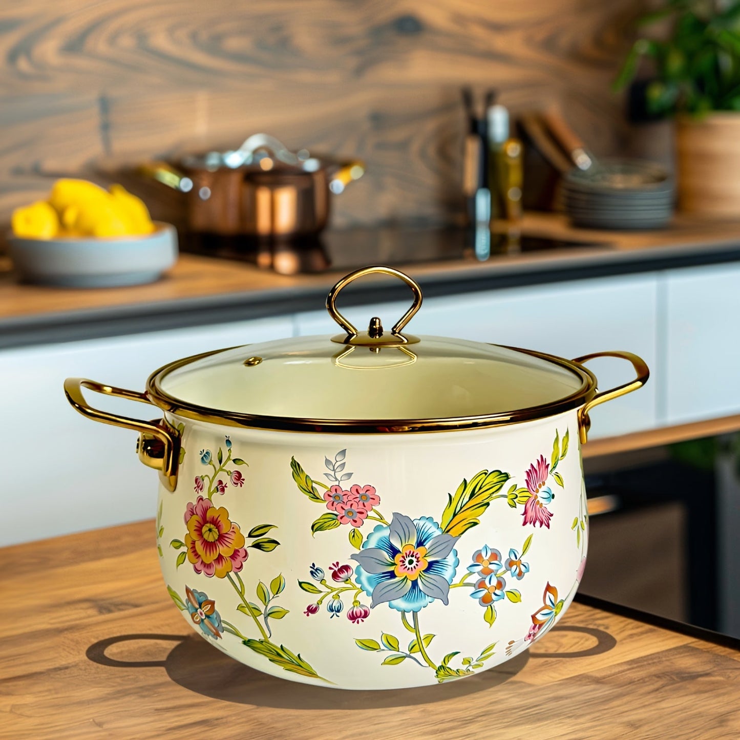 Dual-handled Enamel Soup Pot with Large Capacity - Non-Stick, Dishwasher Safe, Colorful Floral Design for Healthy Cooking in Phnom Penh, Fresh Small, Double Ears