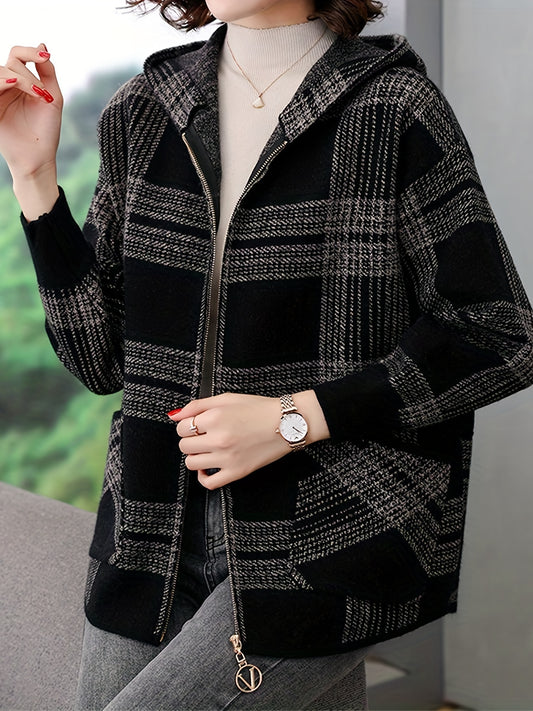 Women's Casual Plaid Hoodie Jacket - Loose Fit with Pockets, Long Sleeve Spring/Fall Outerwear, Black & White Polyester Blend, Machine Washable, Zip Up Hoodie