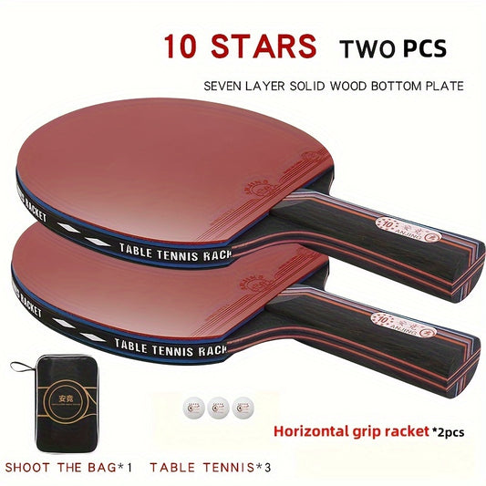 Single pack of 10 professional-grade carbon rubber table tennis rackets in red color, including 3 balls.