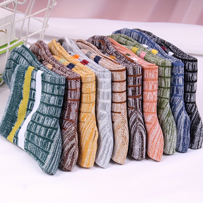 10 pairs of stylish retro striped mid-calf socks for men, breathable and comfortable year-round.