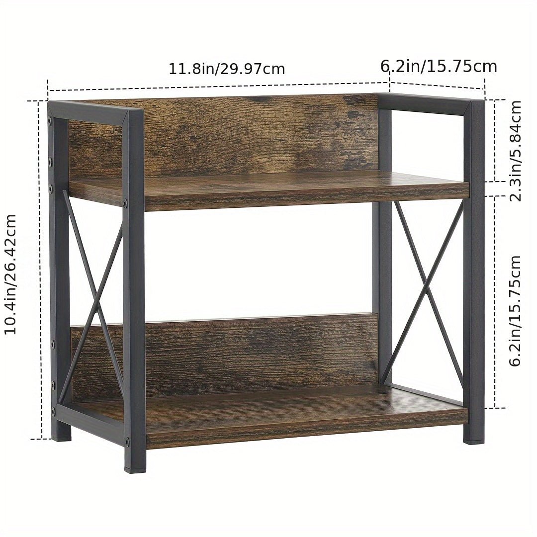 Wood and metal spice rack for kitchen with open design, Rustic Brown 2-Tier Countertop Organizer perfect for Coffee station storage shelf.